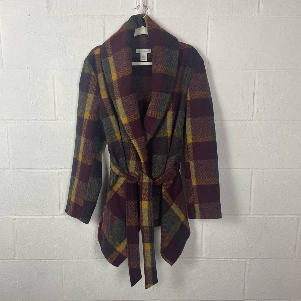 Keren Hart Wool Blend Tie Waist Jacket‎ Plaid Autumn Colors Cozy Warm Layers L